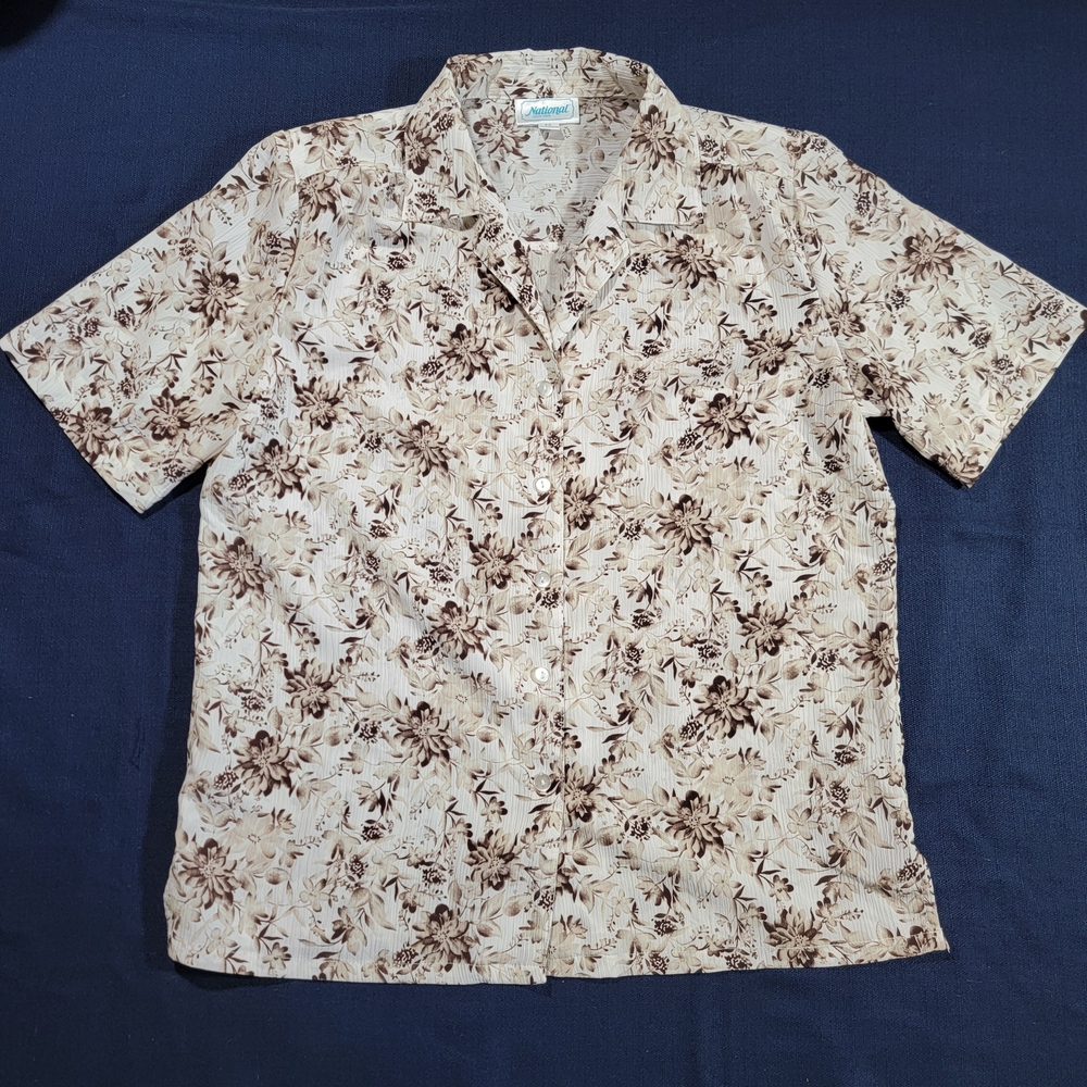 Cream and Brown Button Down Shirt with Short Sleeves